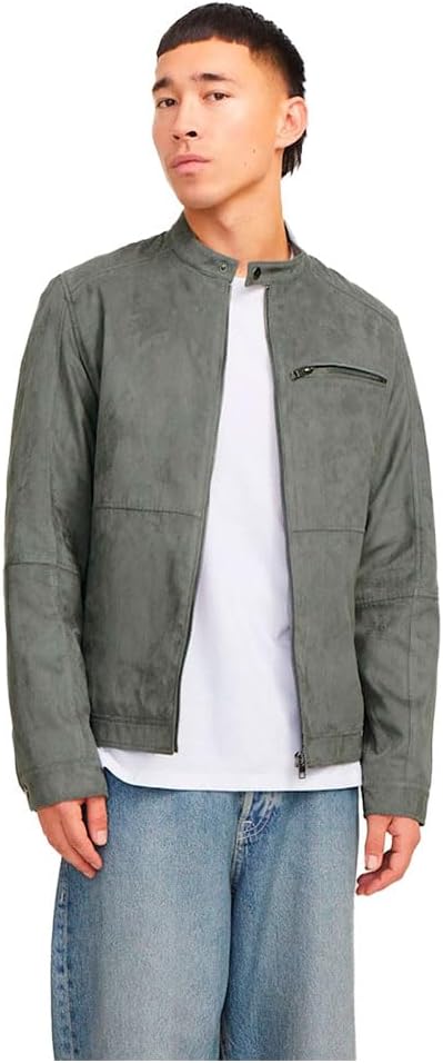 Men's Grey Faux Suede Biker Jacket - view 6