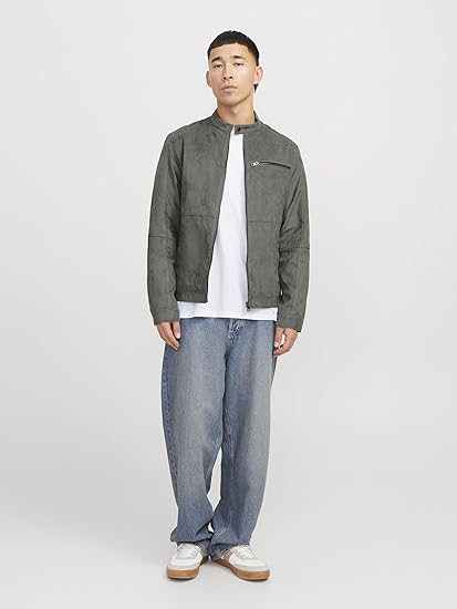 Men's Grey Faux Suede Biker Jacket - view 2