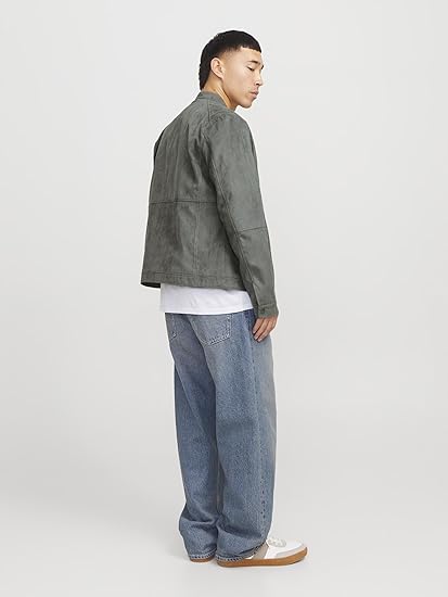 Men's Grey Faux Suede Biker Jacket - view 3