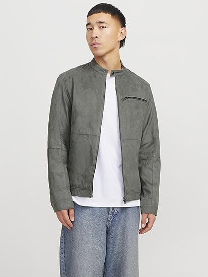 Men's Grey Faux Suede Biker Jacket - view 4