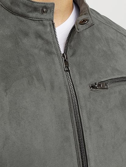 Men's Grey Faux Suede Biker Jacket - view 5