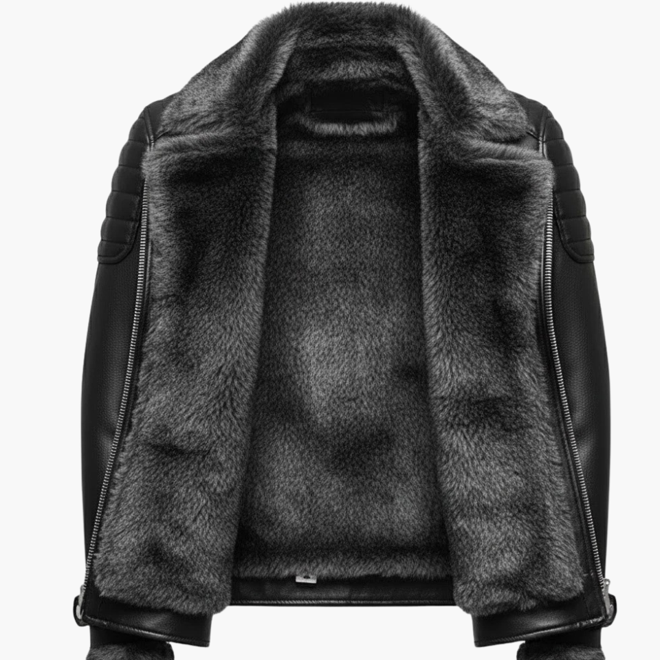 Men's Black Fur-Lined Leather Biker Jacket