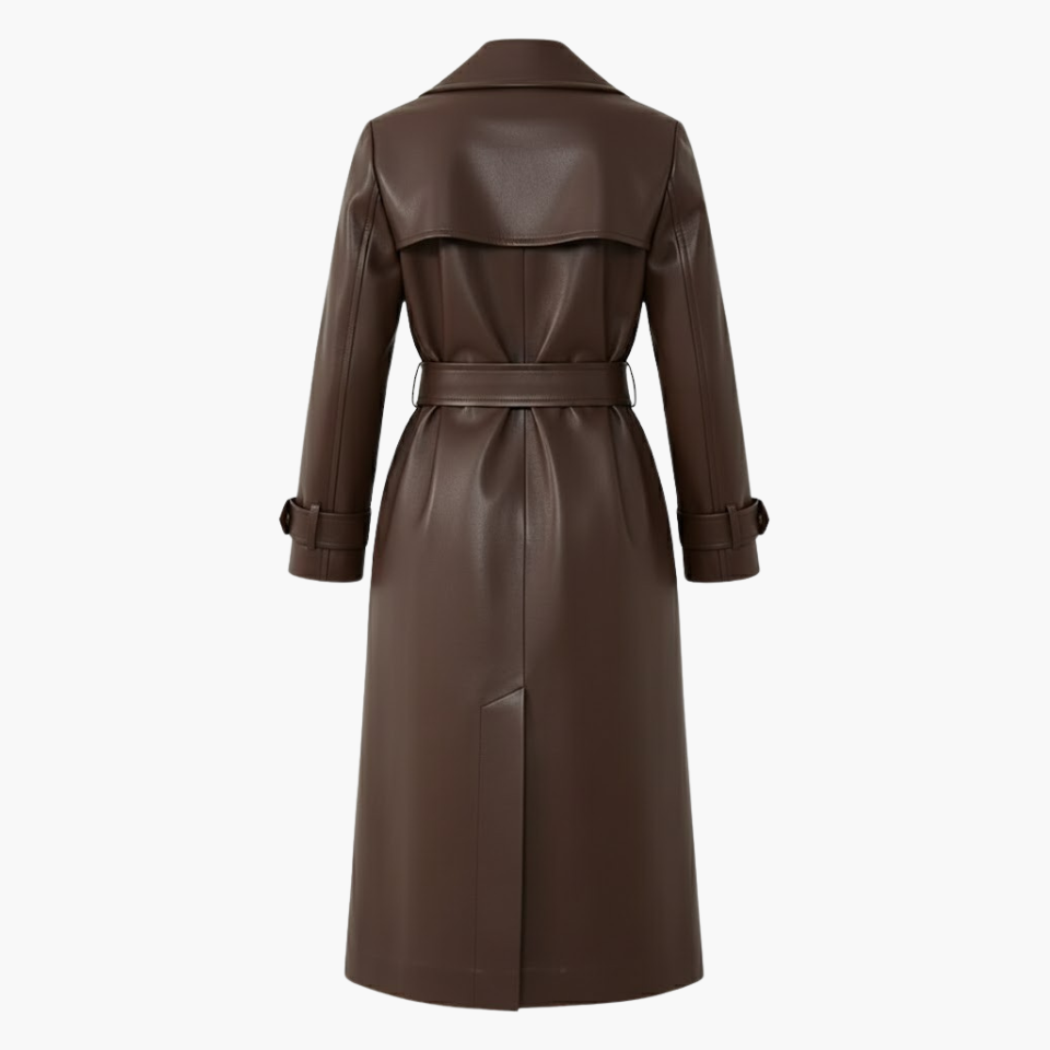 Women's Brown Belted Leather Trench Coat - view 2