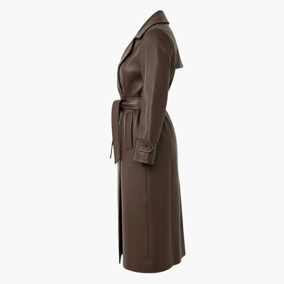 Women's Brown Belted Leather Trench Coat - view 3