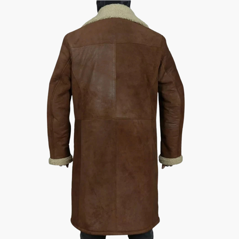 Men's Brown Leather Long Shearling Coat - view 2