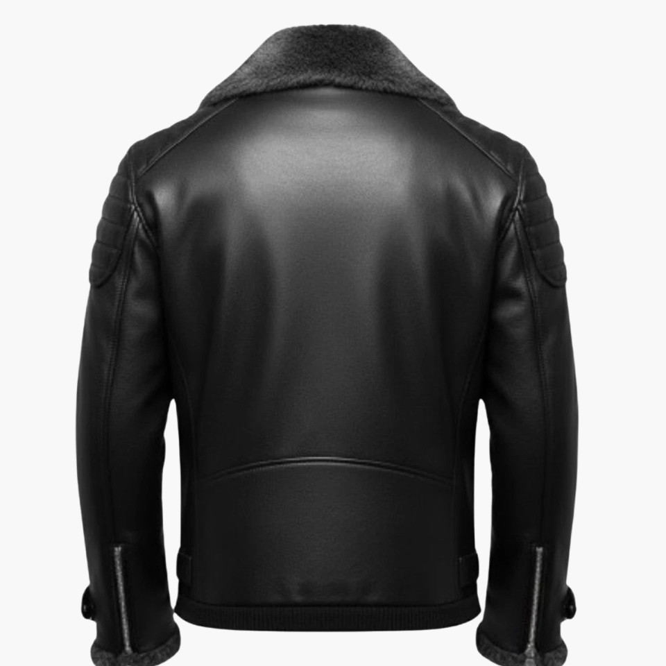 Men's Black Fur-Lined Leather Biker Jacket - view 3
