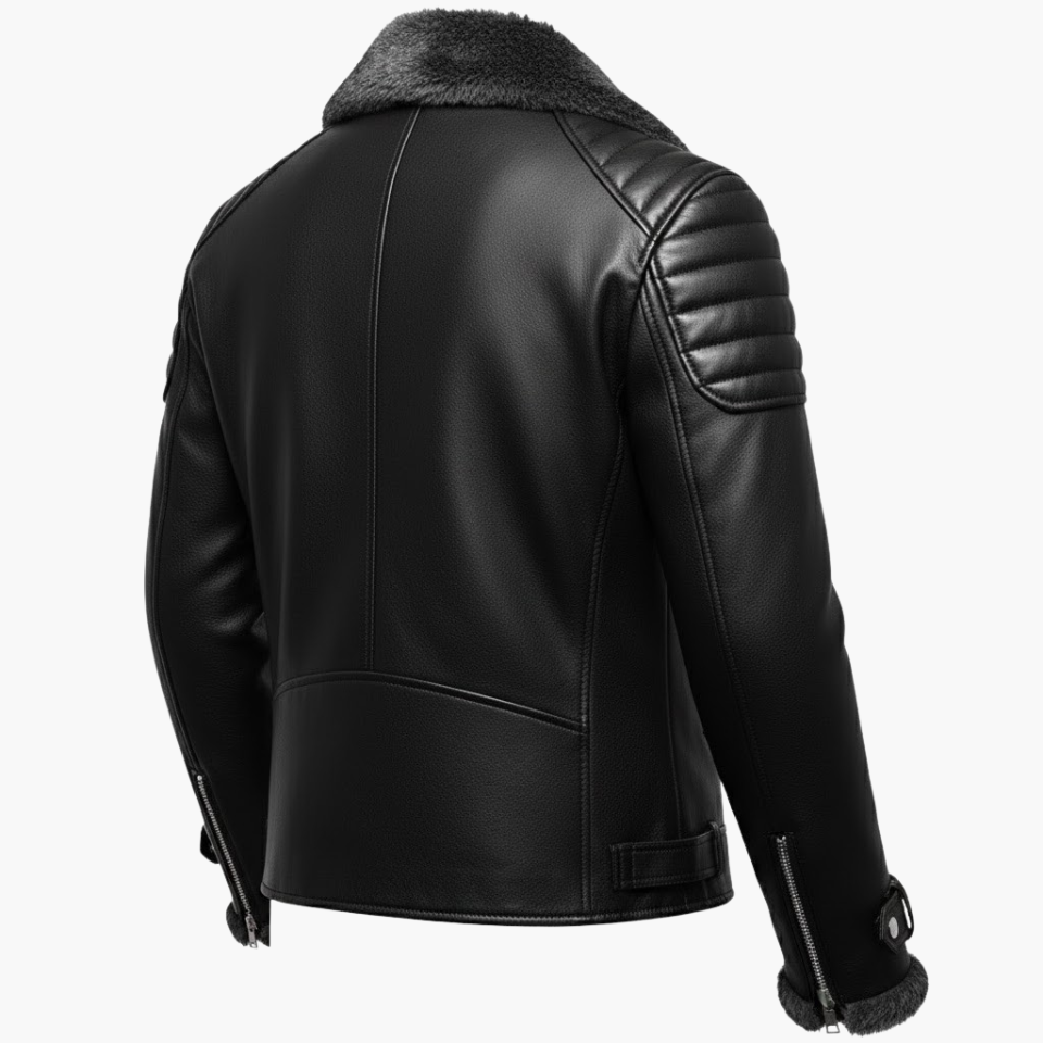 Men's Black Fur-Lined Leather Biker Jacket - view 2
