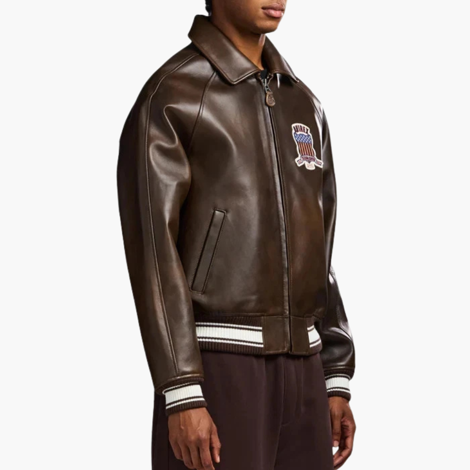 Men's Brown Leather Varsity Bomber Jacket