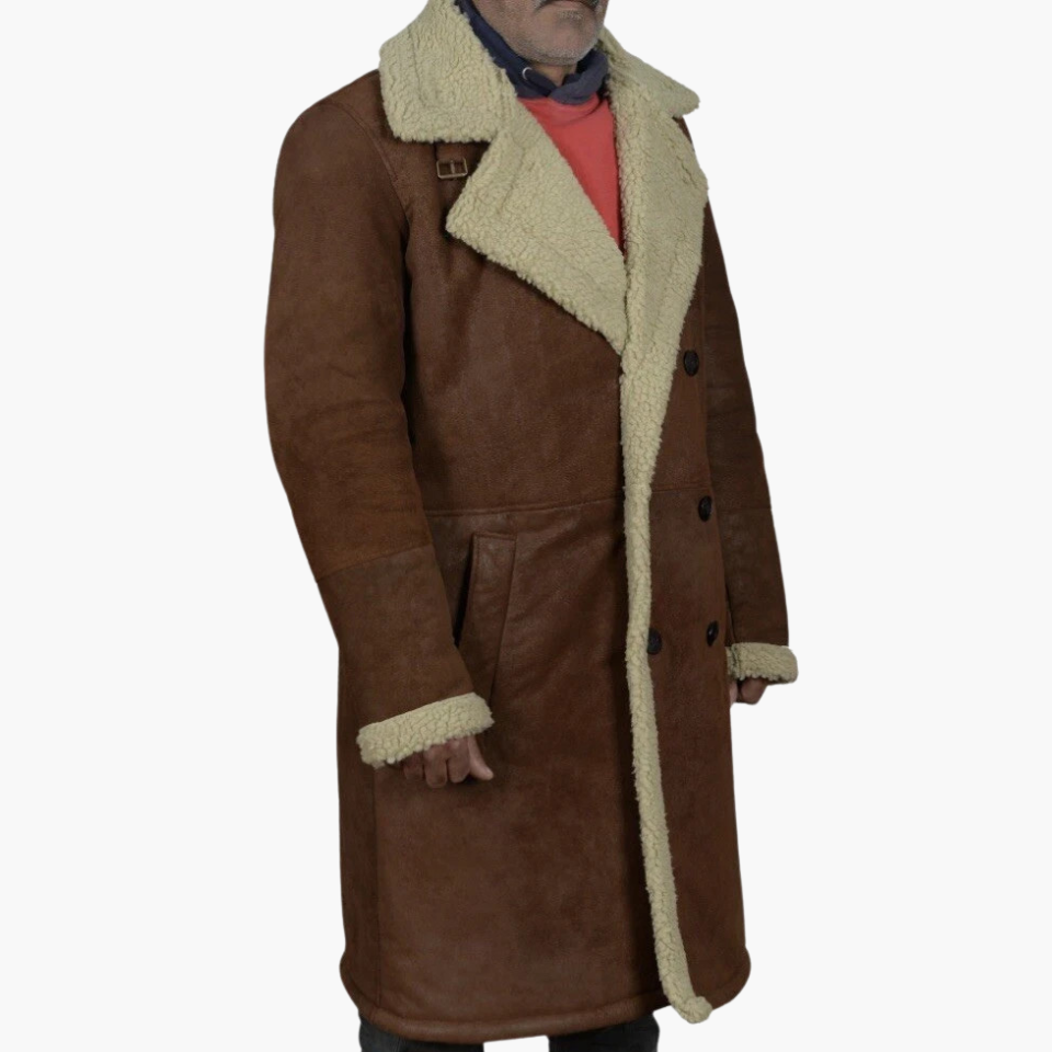 Men's Brown Leather Long Shearling Coat - view 3