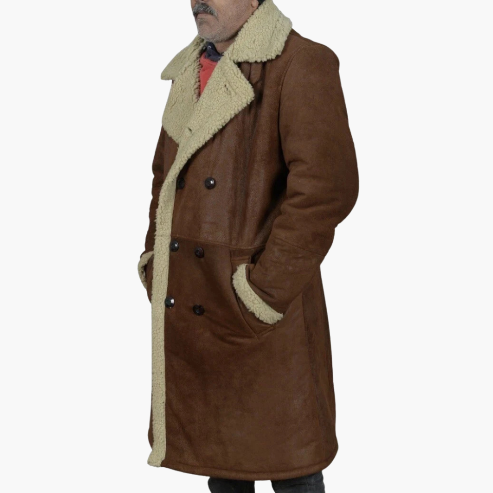Men's Brown Leather Long Shearling Coat