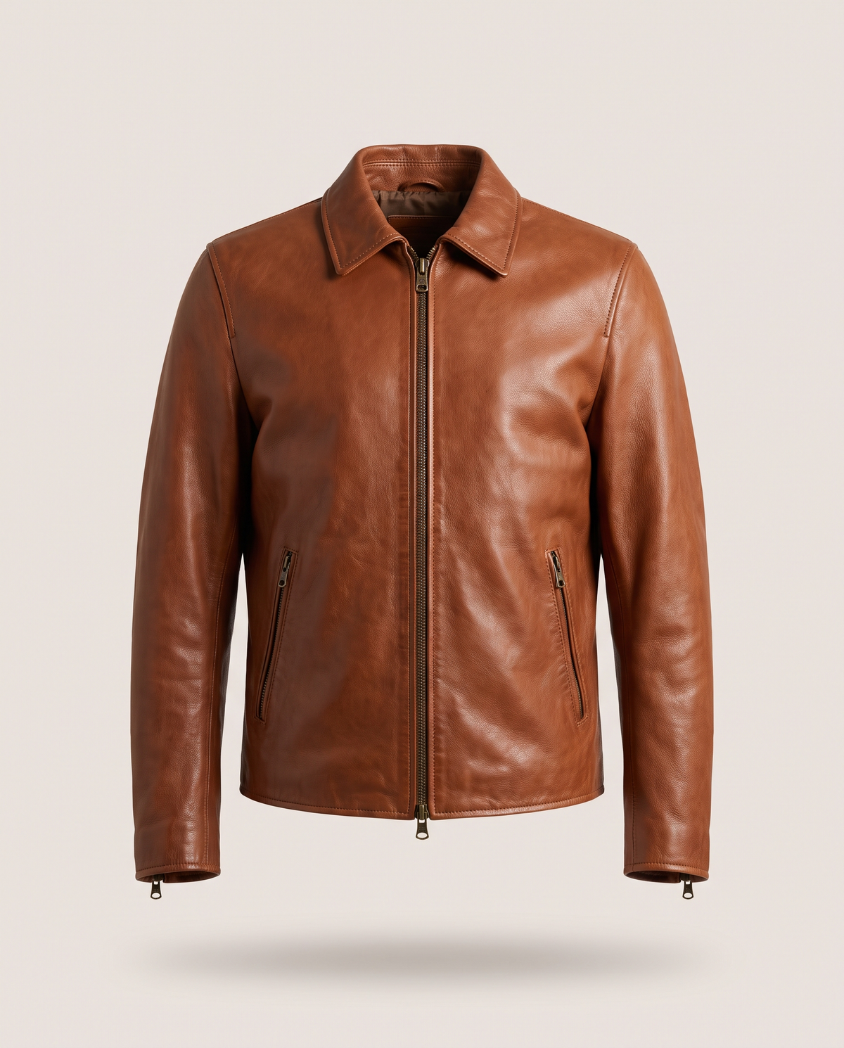 Classic Brown Leather Jacket - Cognac - front