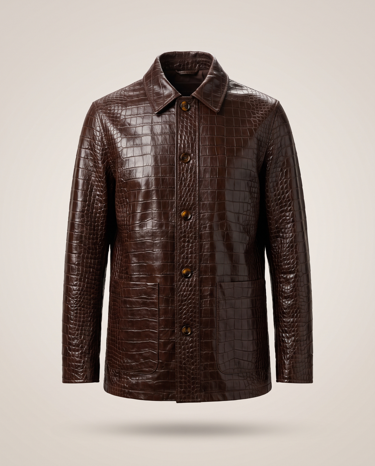 Croc-Embossed Chocolate Leather Jacket - front