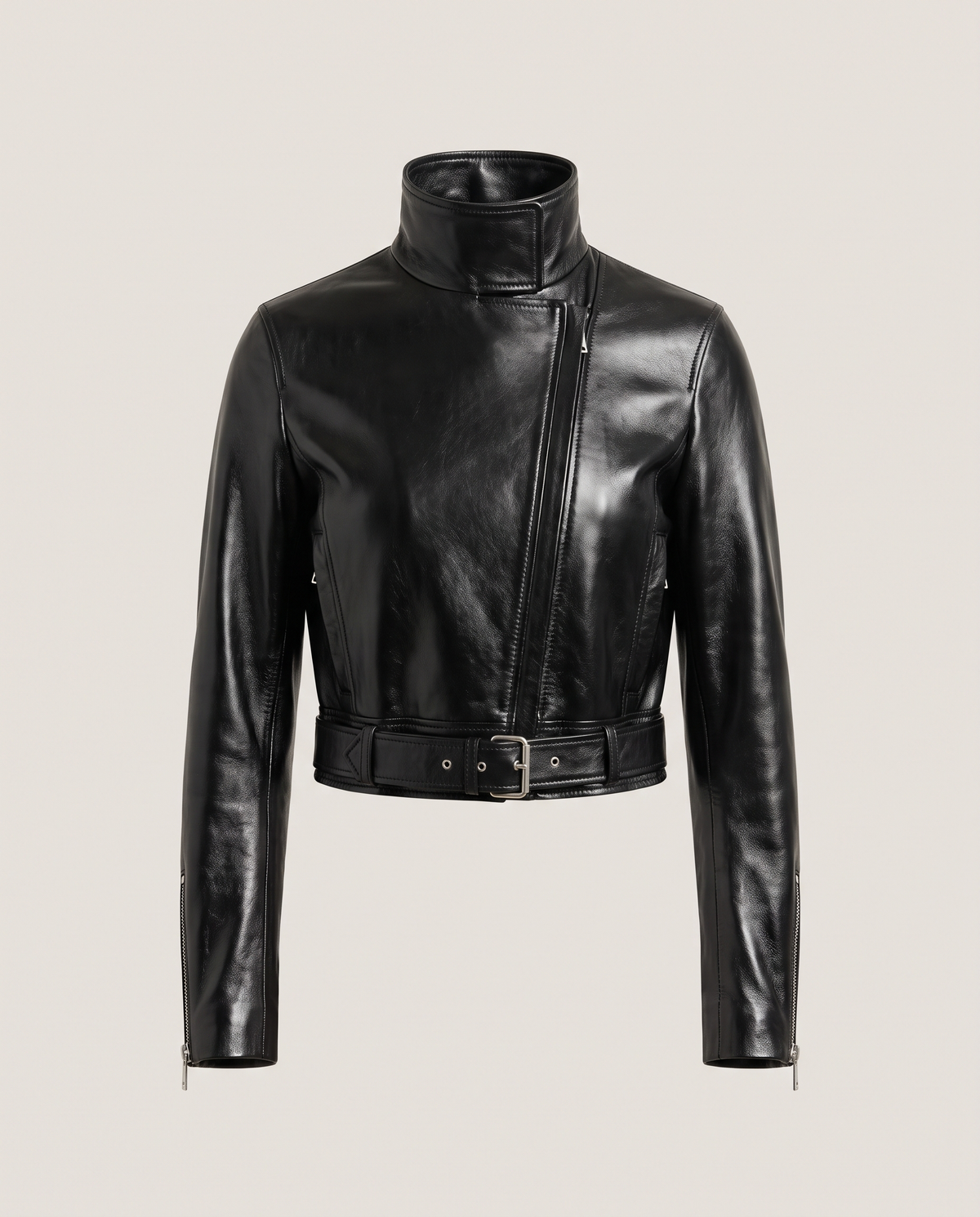 Glossy Minimal Biker Leather Jacket - front