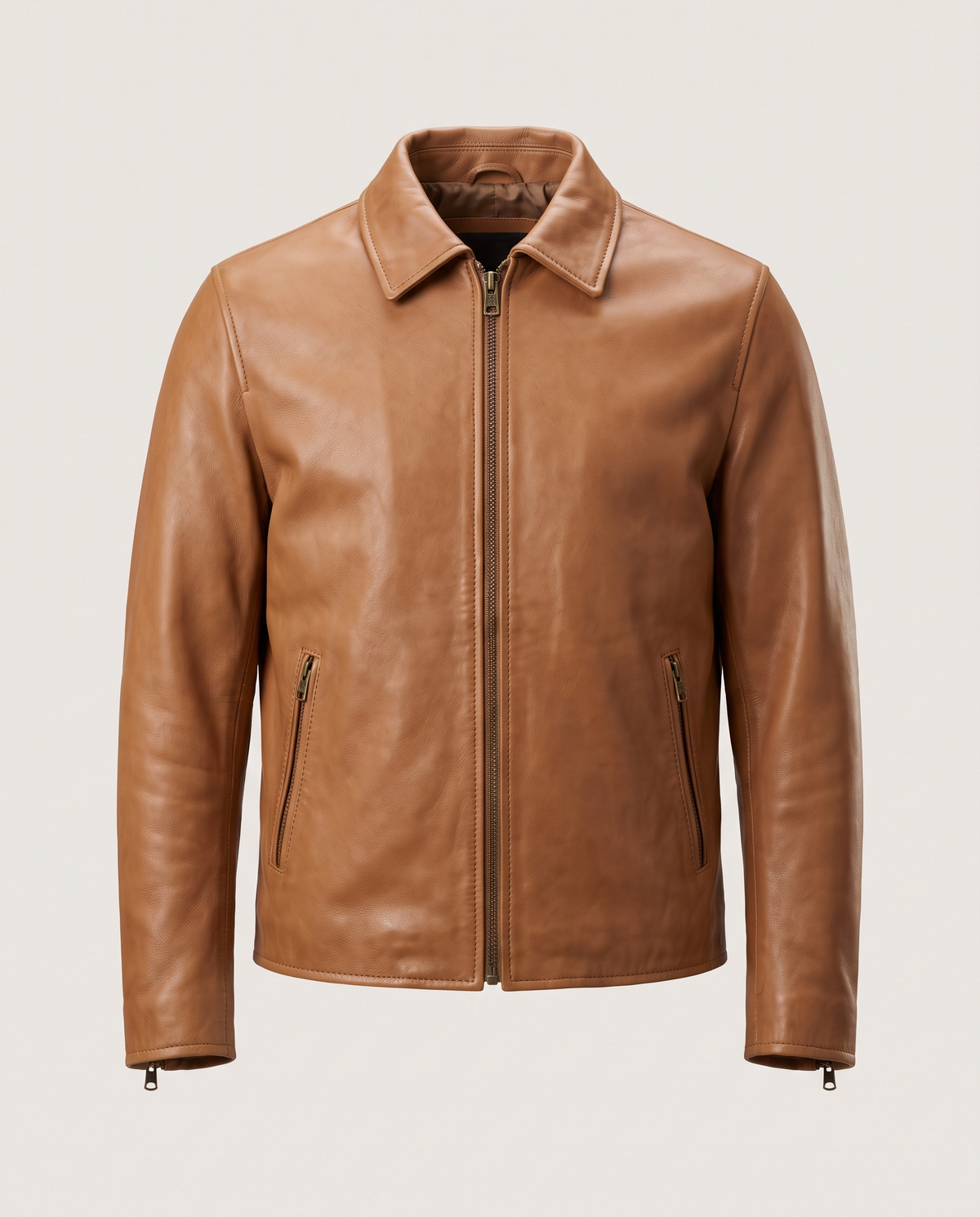 Classic Brown Leather Jacket - Tan - front