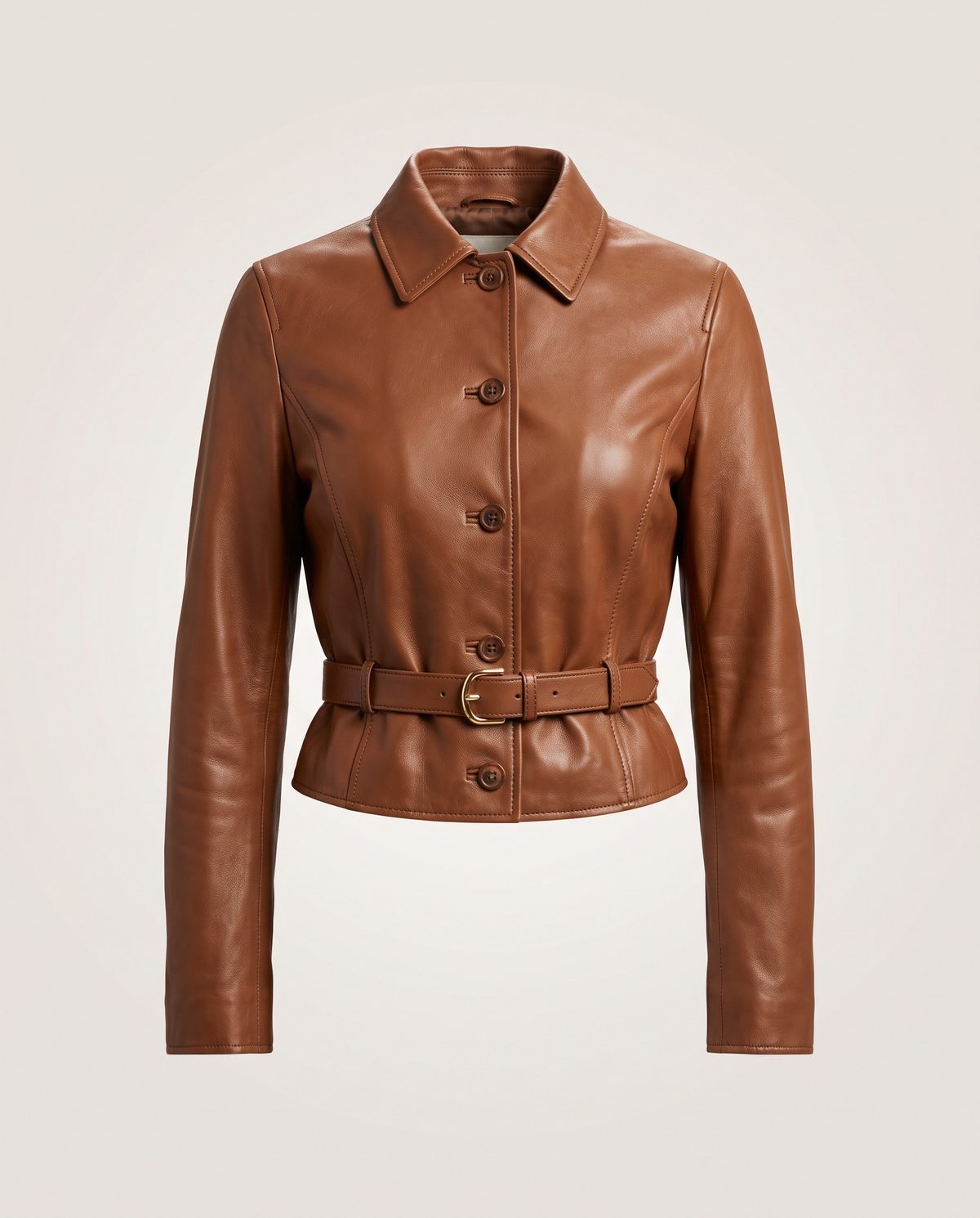 Fitted Cropped Brown Leather Jacket - front