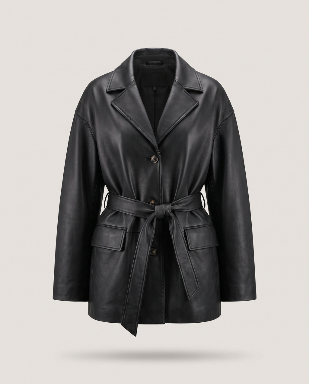 Oversized Belted Black Leather Jacket - front