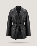 Oversized Belted Black Leather Jacket - front