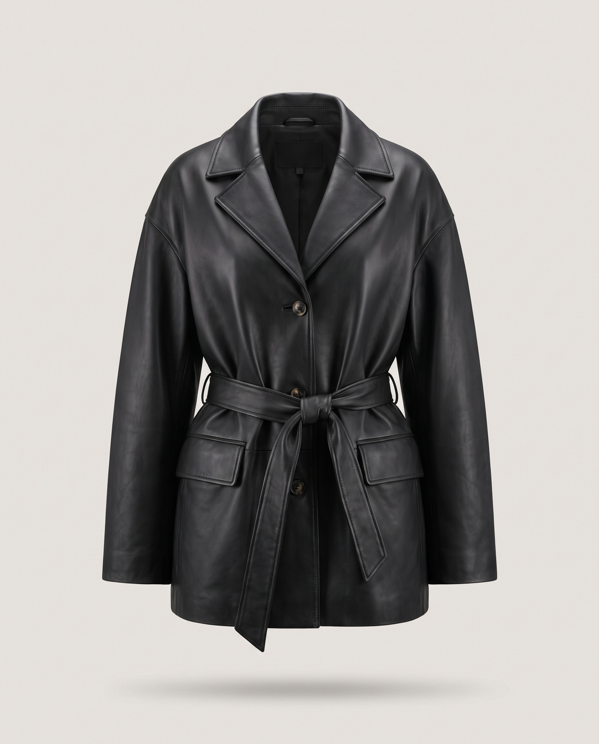Oversized Belted Black Leather Jacket - front