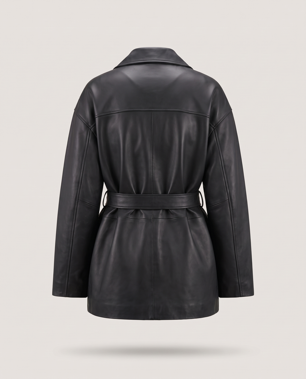 Oversized Belted Black Leather Jacket - back