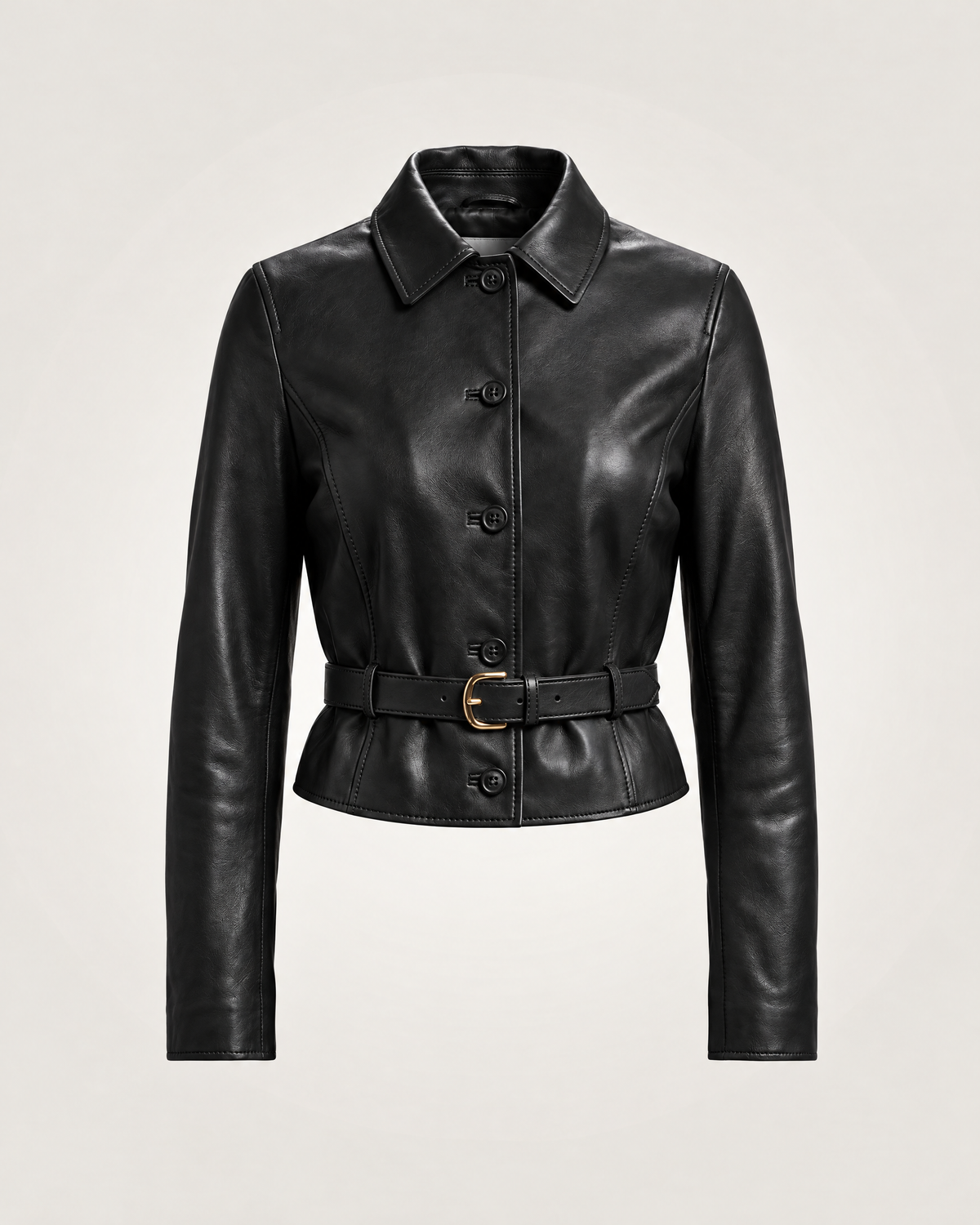 Fitted Cropped Leather Jacket - Black - front