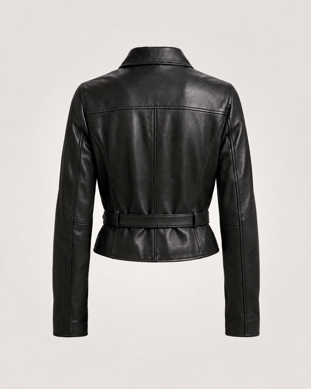 Fitted Cropped Leather Jacket - Black - back
