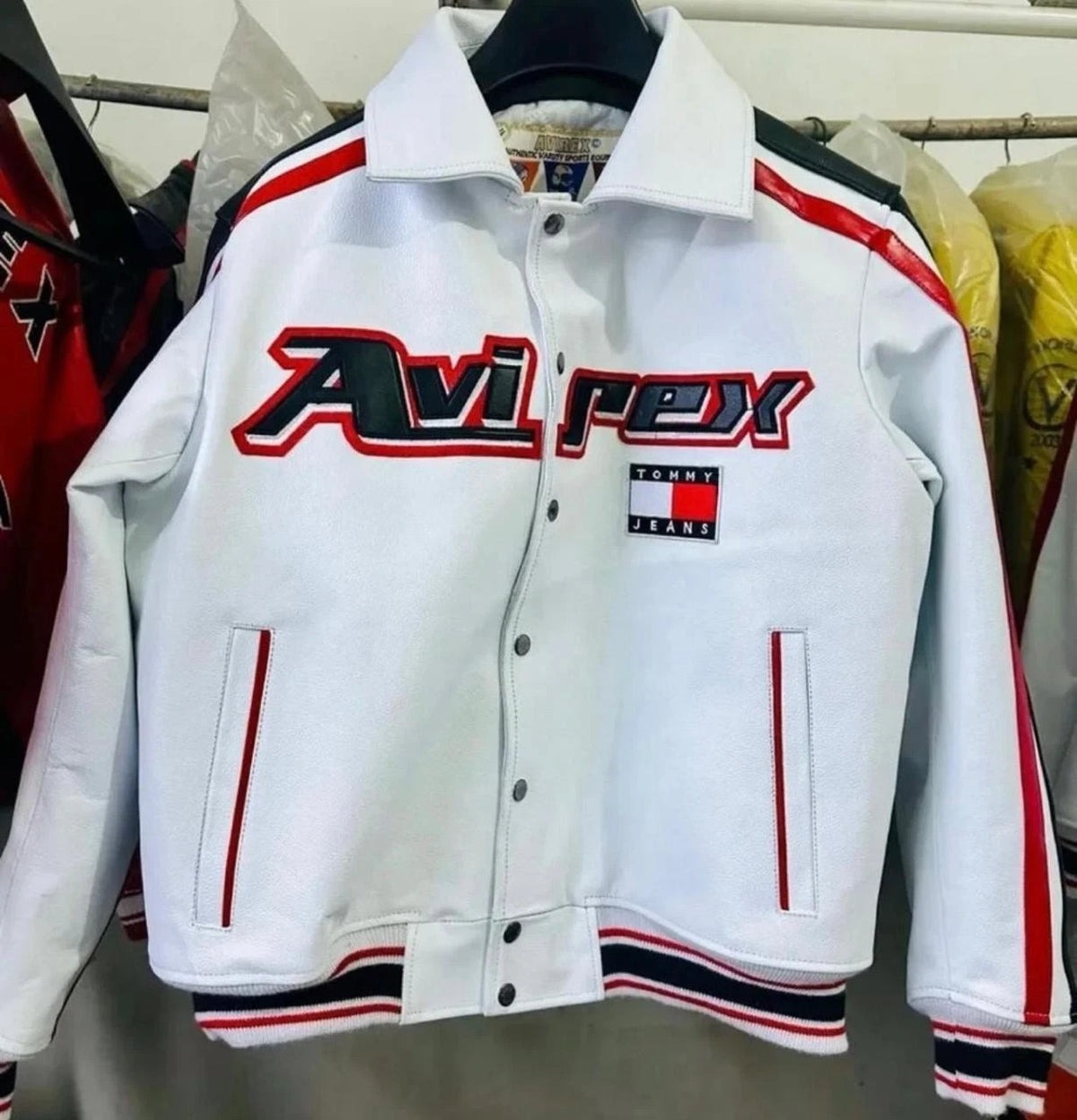 Men's White & Red Cowhide Varsity Bomber Jacket - view 2