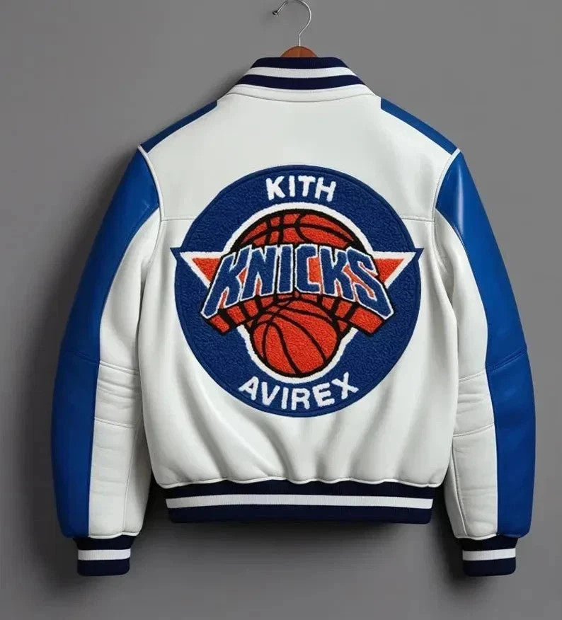 Men's Blue & White Sheepskin Varsity Jacket - view 2