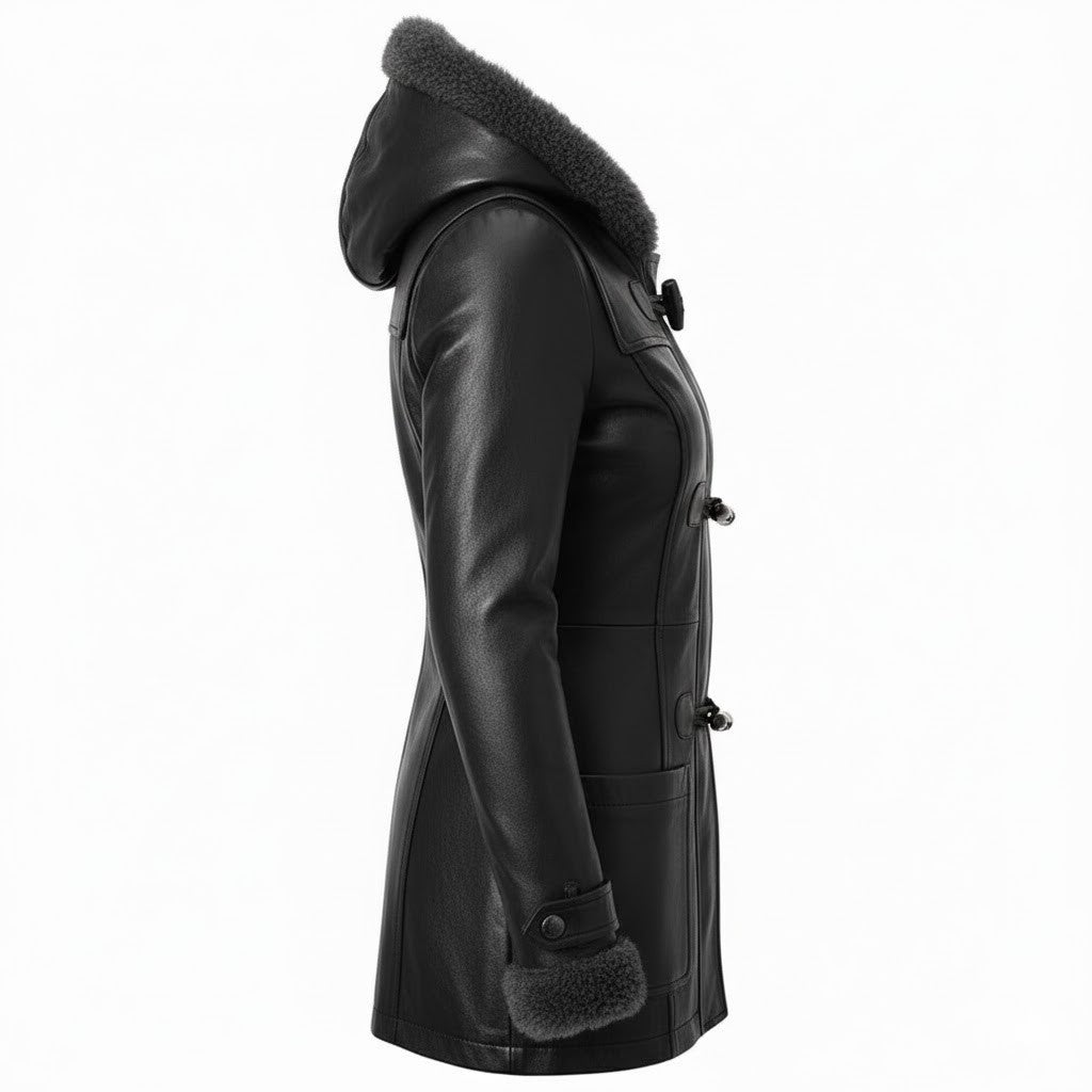 Women's Black Hooded Leather Toggle Coat - view 3