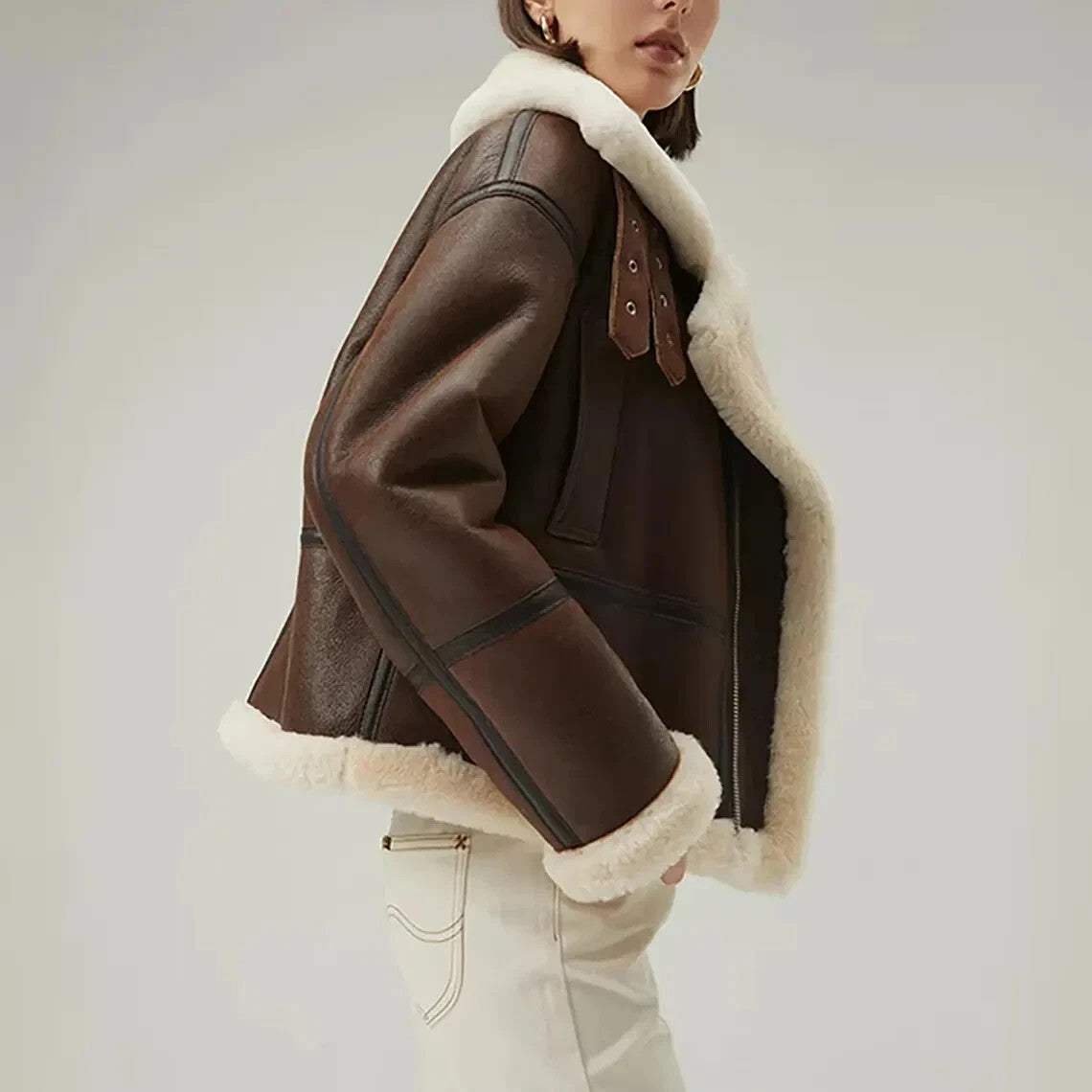 Women's Vintage Brown Hooded Aviator Coat - view 3