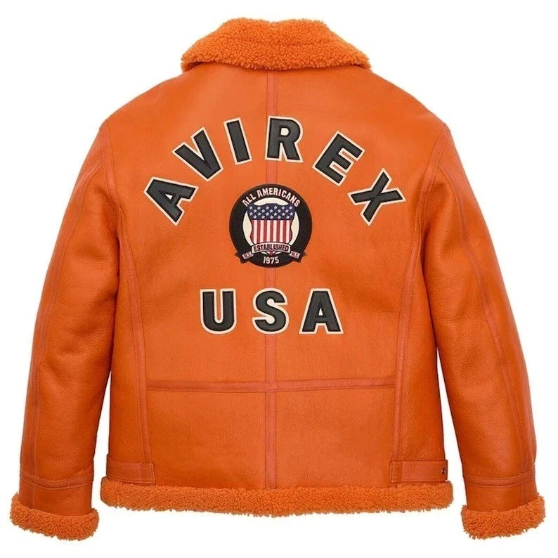 Men's Orange Cowhide Shearling Bomber Jacket - view 2