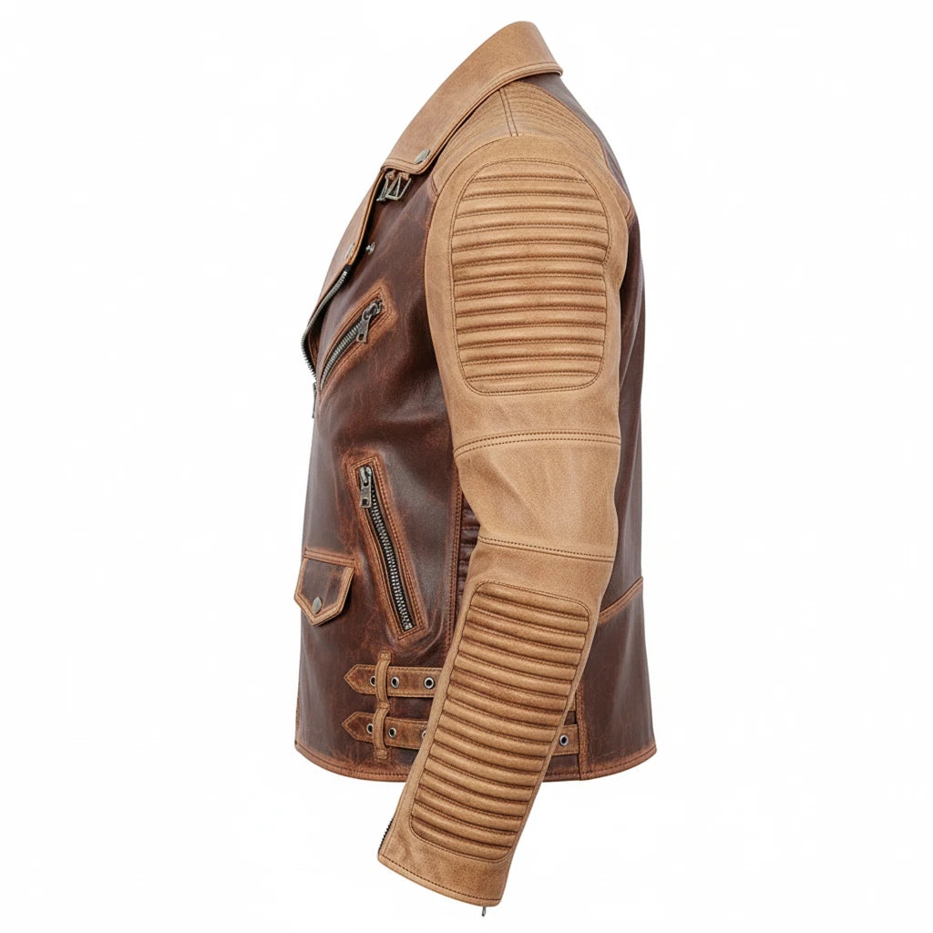 Men's Two-Tone Vintage Café Racer Leather Jacket - view 3