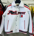 Men's White & Red Cowhide Varsity Bomber Jacket