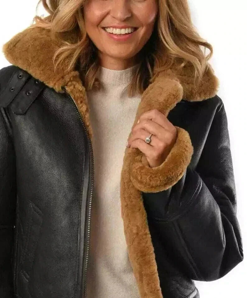 Women's Hooded B3 Sheepskin Bomber Jacket