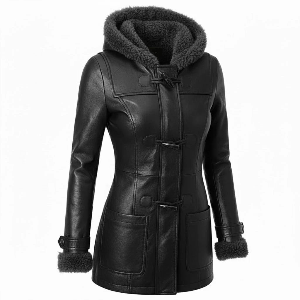 Women's Black Hooded Leather Toggle Coat