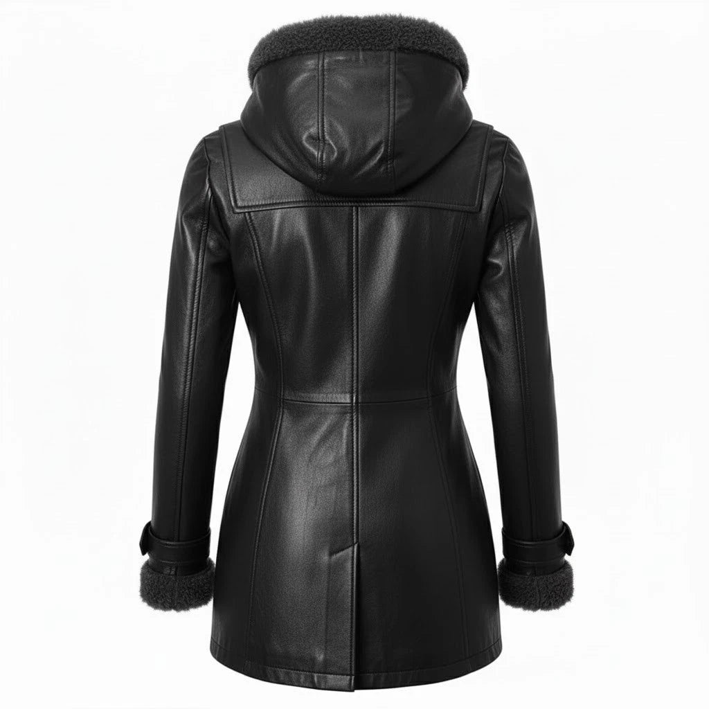 Women's Black Hooded Leather Toggle Coat - view 2