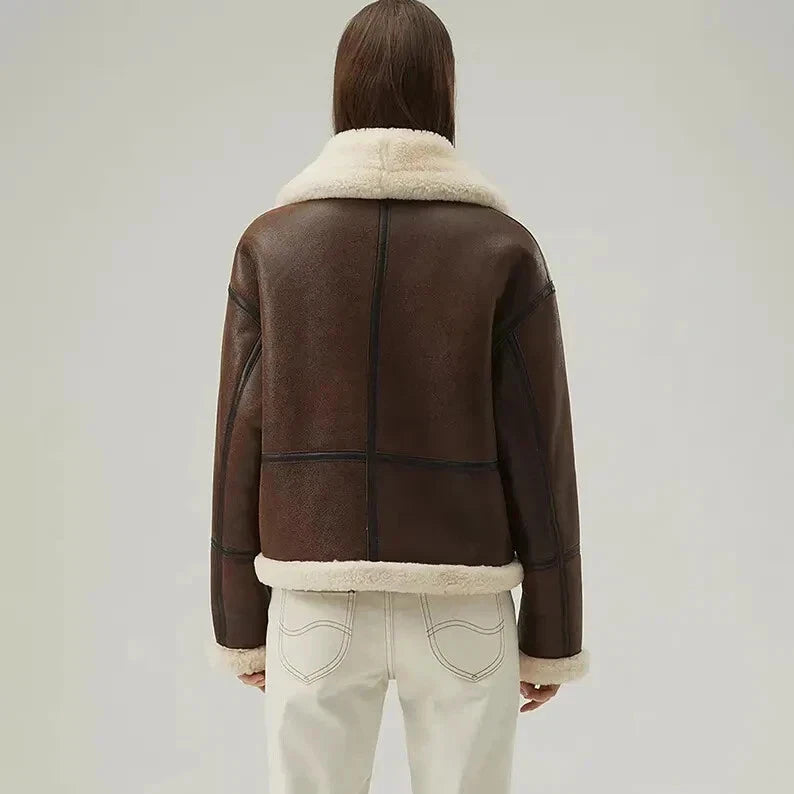Women's Vintage Brown Hooded Aviator Coat - view 2