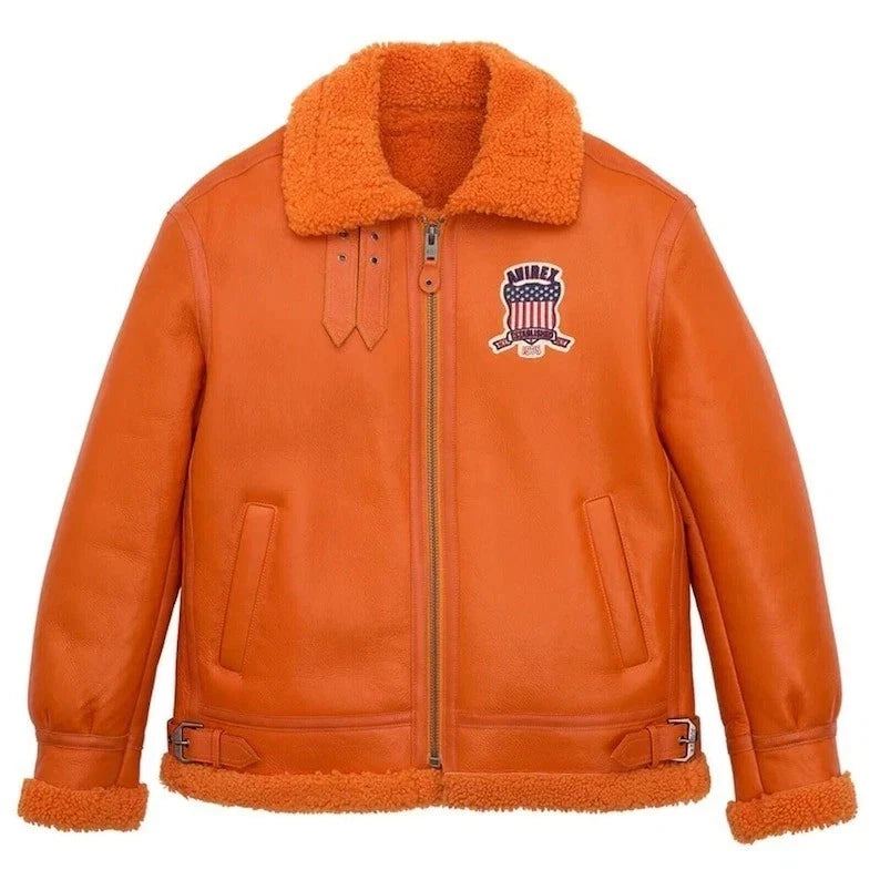 Men's Orange Cowhide Shearling Bomber Jacket