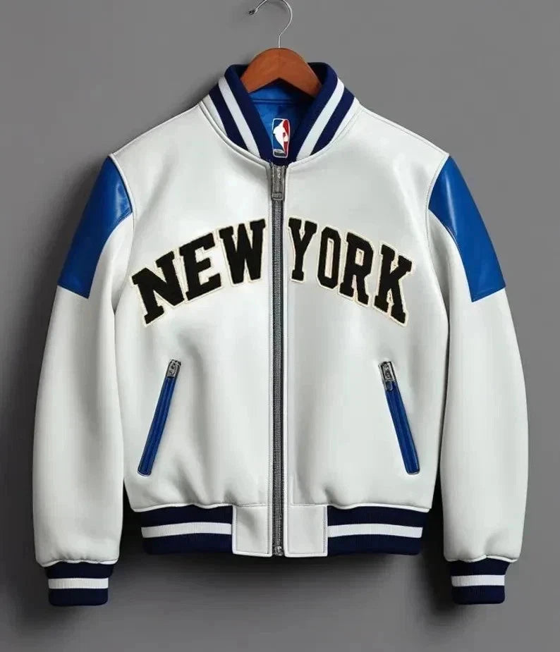 Men's Blue & White Sheepskin Varsity Jacket