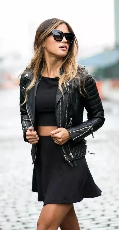 Women's Black Sheepskin Leather Biker Jacket - view 2