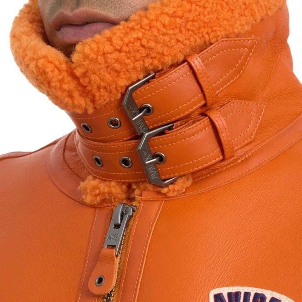 Men's Orange Cowhide Shearling Bomber Jacket - view 3
