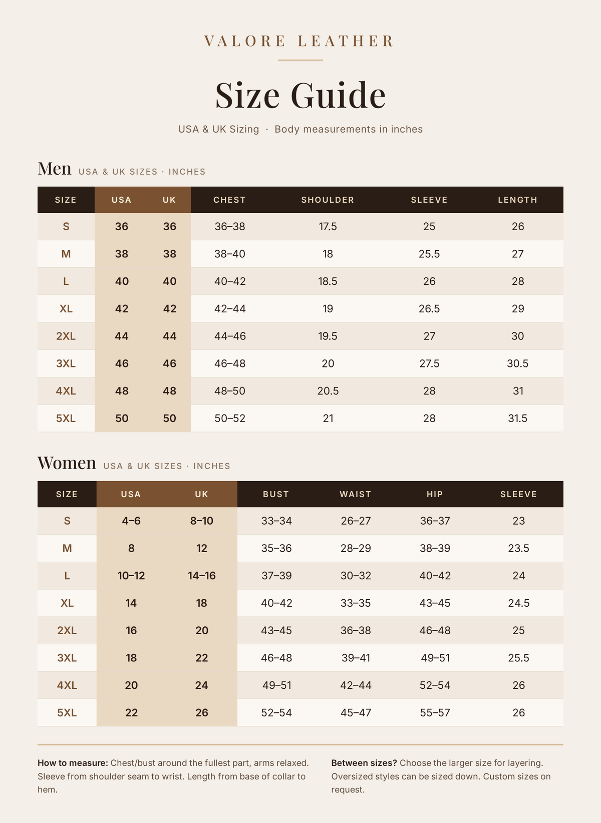Valore Leather size chart - USA and UK sizes S to 5XL for men and women